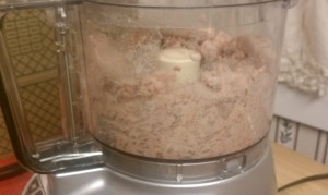 Food processor crumbles the sausage innards for ground sausage canning Copyright 2013 Preparedness Pro